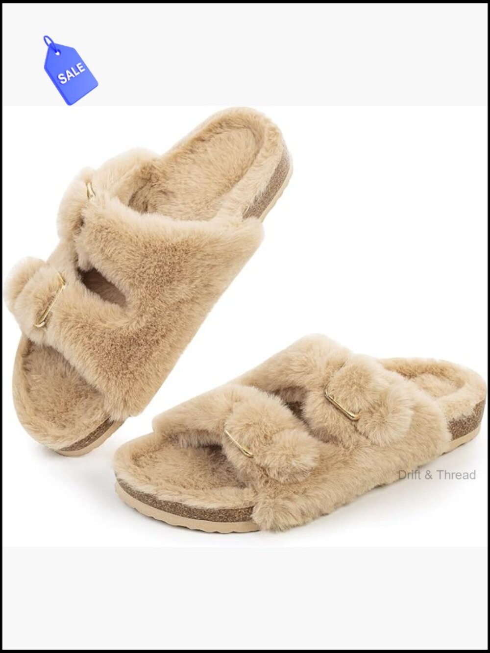 Cozy Faux Fur Slippers Cork Slides Elastic Straps Arch Support Non-Slip